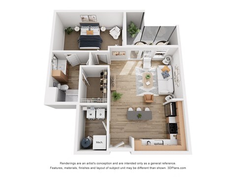 Floor plan for 1 bed, 1 bath, 842 sqft